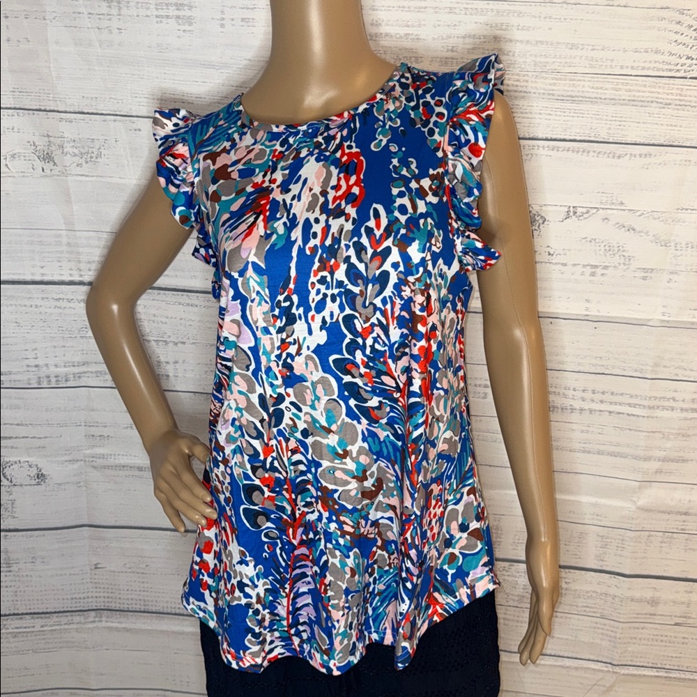 NWOT Blue Multi Floral Print Flutter Sleeve Women's Top